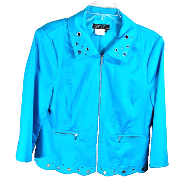 Nancy Bolen City Girl Aqua Blue Blazer Jacket Size Medium Zip Front & Pockets - Picture 1 of 11